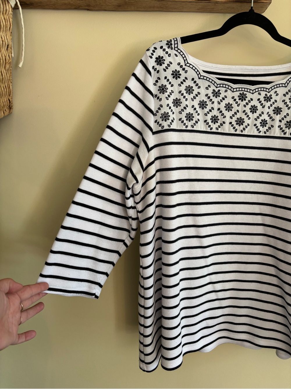 80.) Alia / Black & White Striped Embroidered Boatneck Top